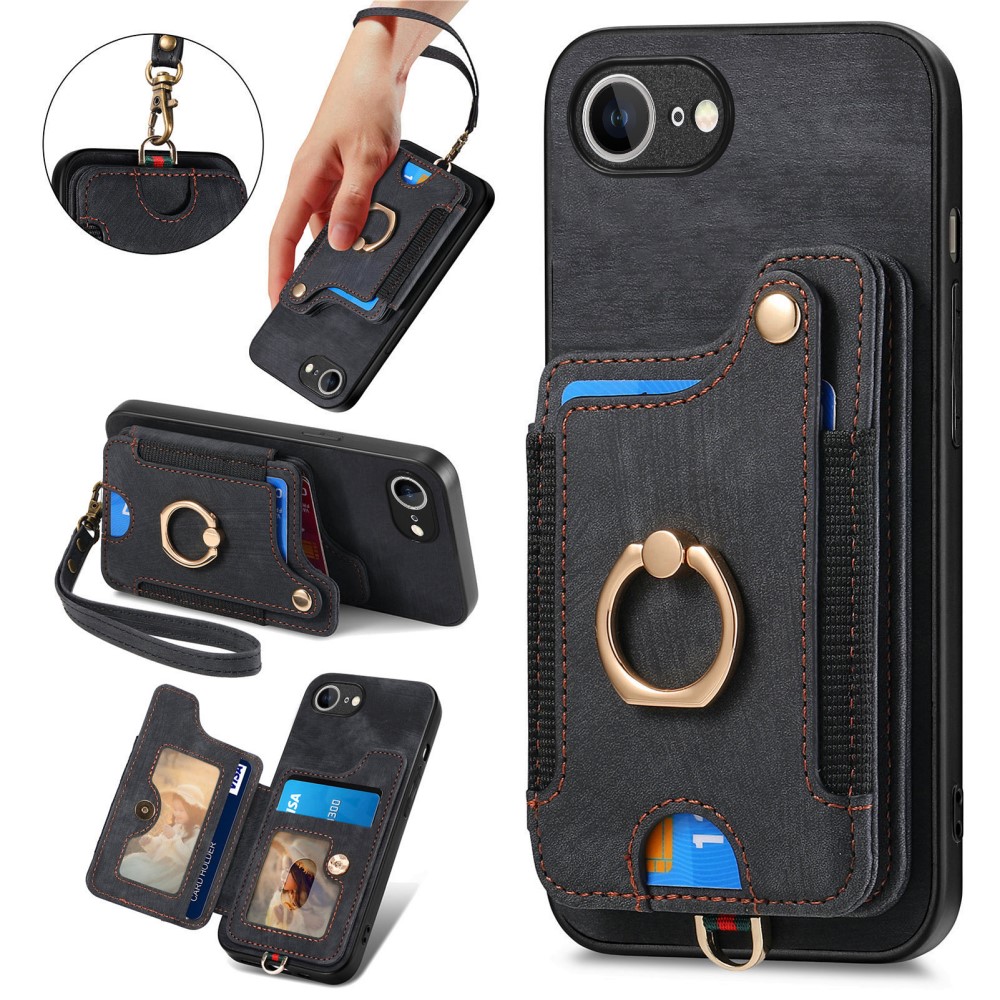  iPhone 17e / 16e Skal Med Korthållare RFID Retro Läder Svart