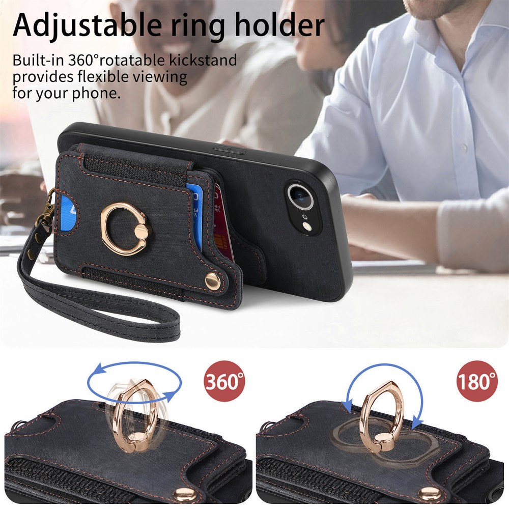  iPhone 17e / 16e Skal Med Korthållare RFID Retro Läder Svart