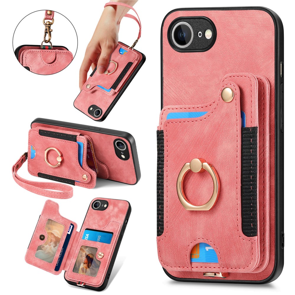  iPhone 17e / 16e Skal Med Korthållare RFID Retro Läder Rosa