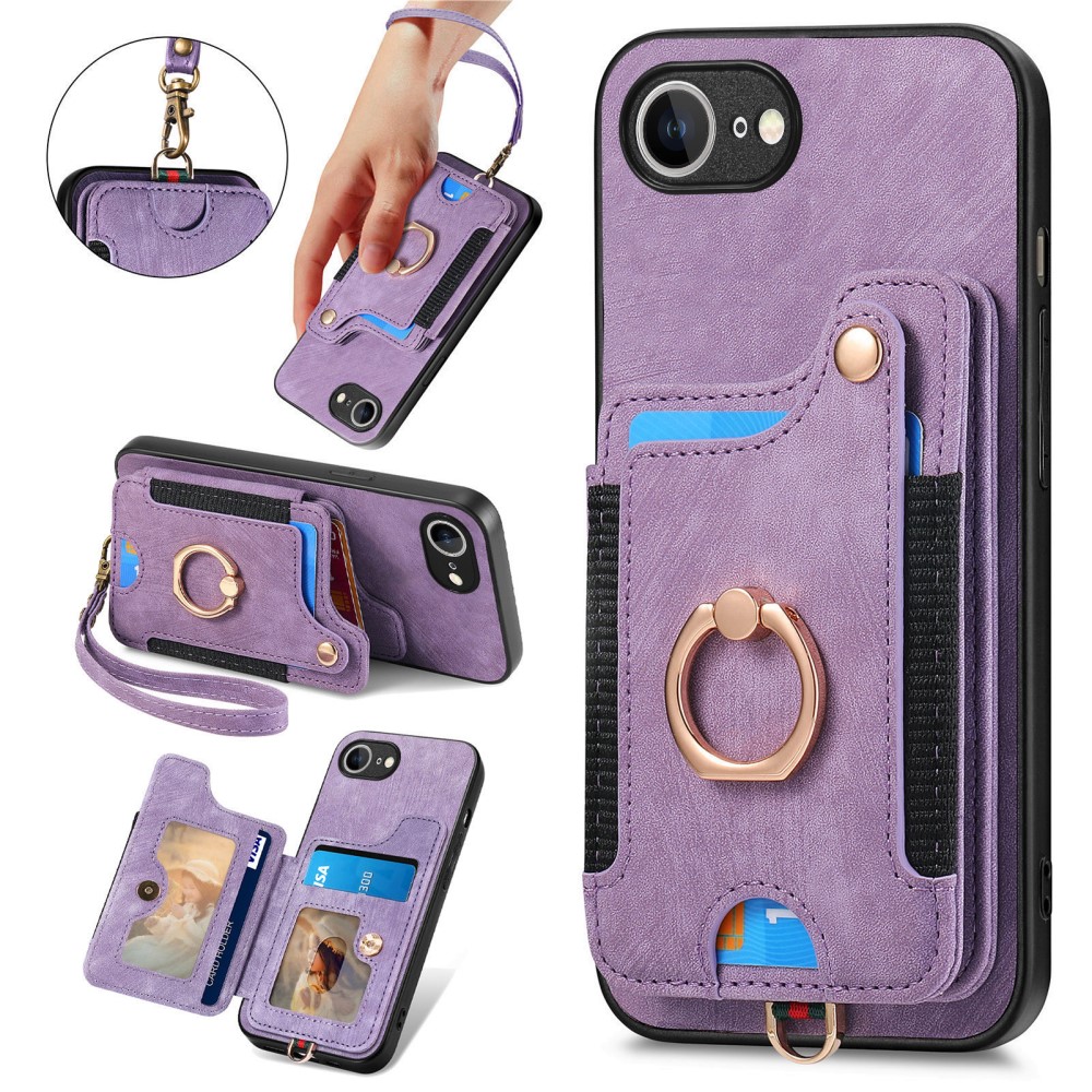  iPhone 17e / 16e Skal Med Korthållare RFID Retro Läder Lila