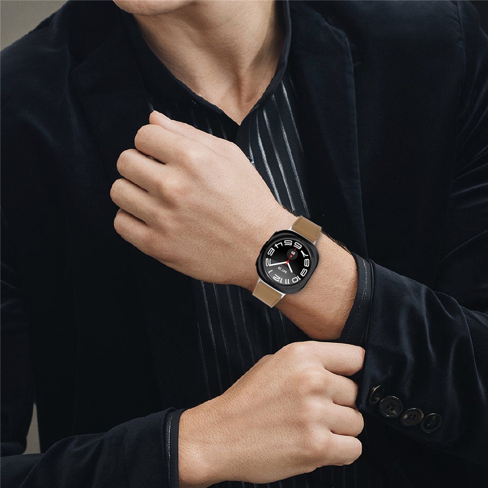  Galaxy Watch 8 46/44/40 mm Armband Äkta Läder Ljus Brun