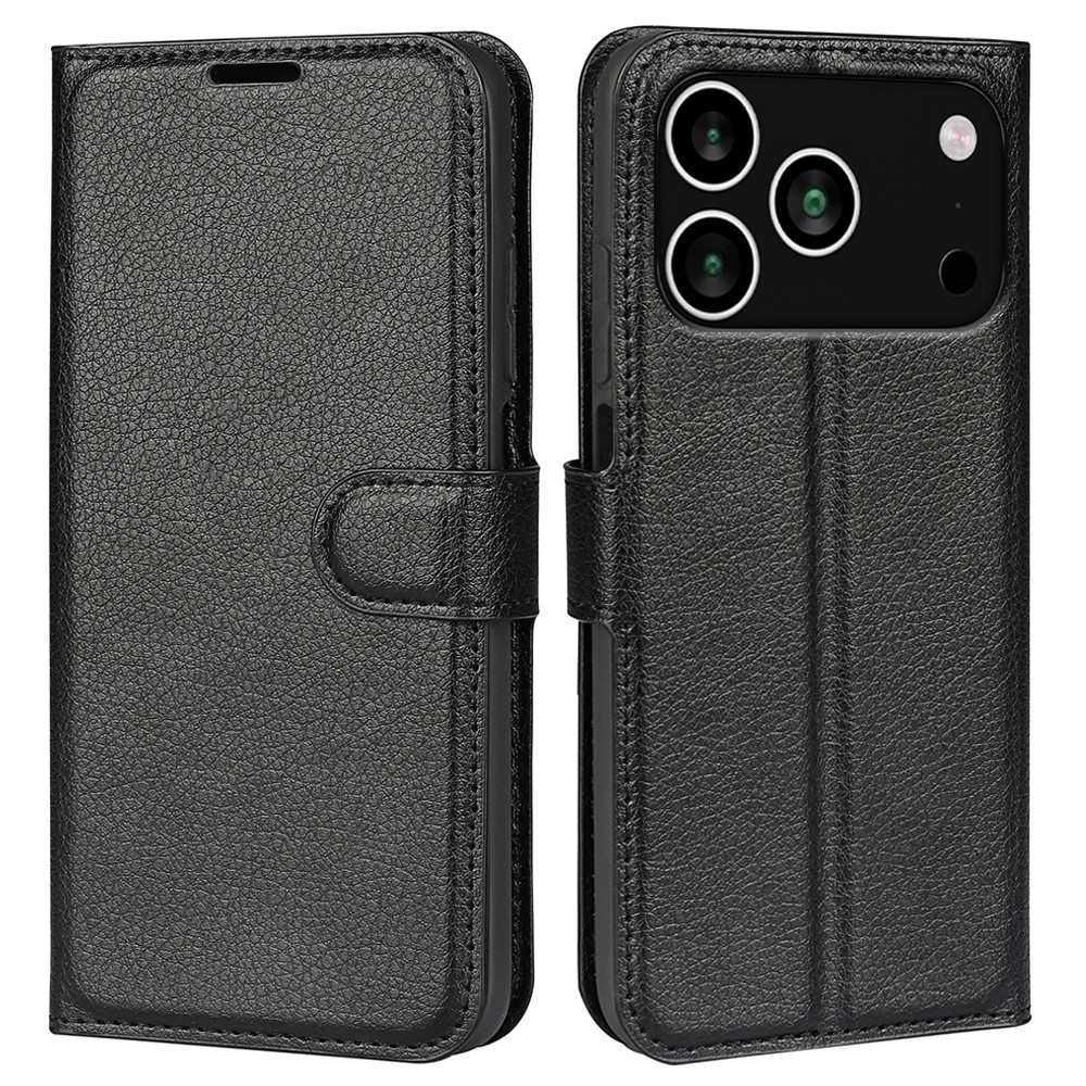  iPhone 17 Pro Fodral Litchi Läder Svart