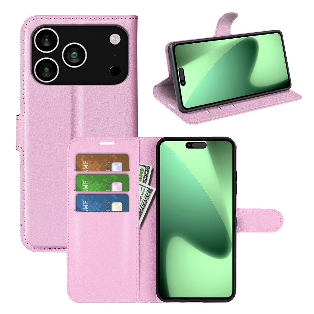  iPhone 17 Pro Fodral Litchi Läder Ljus Rosa