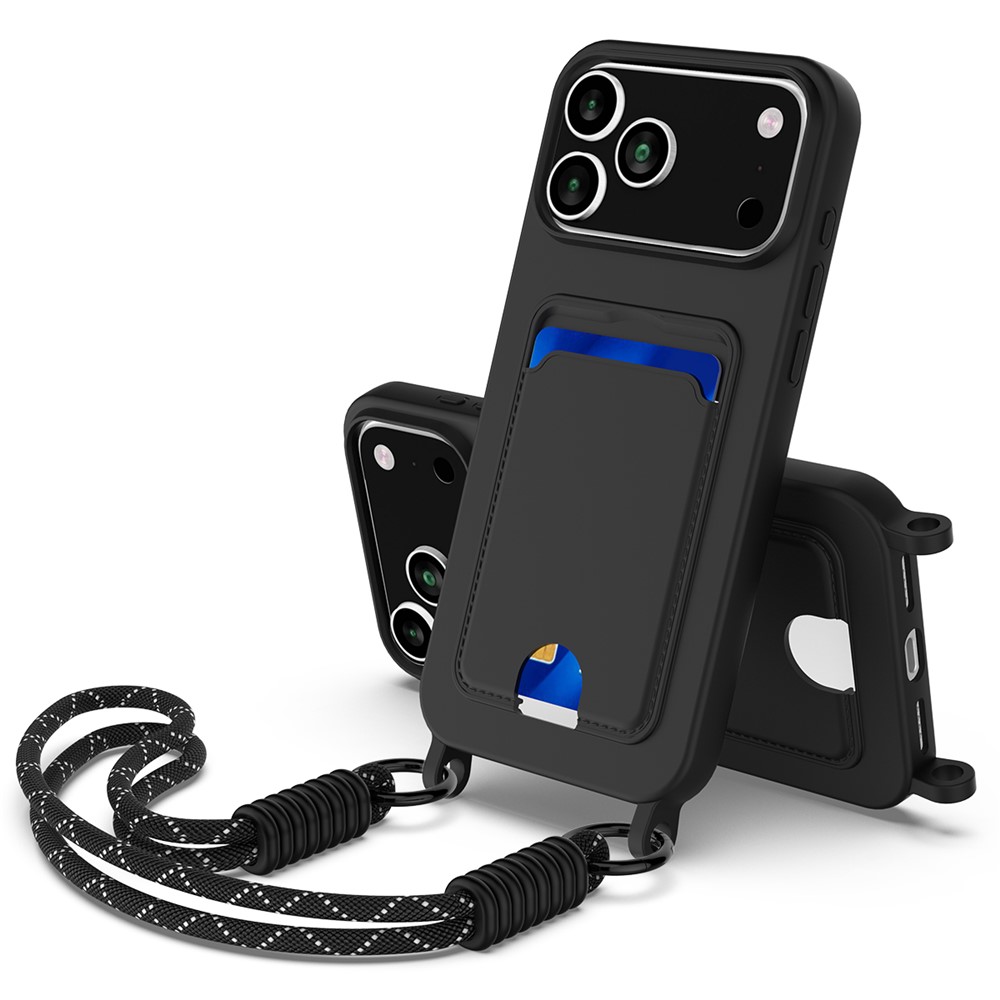  iPhone 17 Pro Skal Med Kortfack & Mobilsnöre Silikon Svart