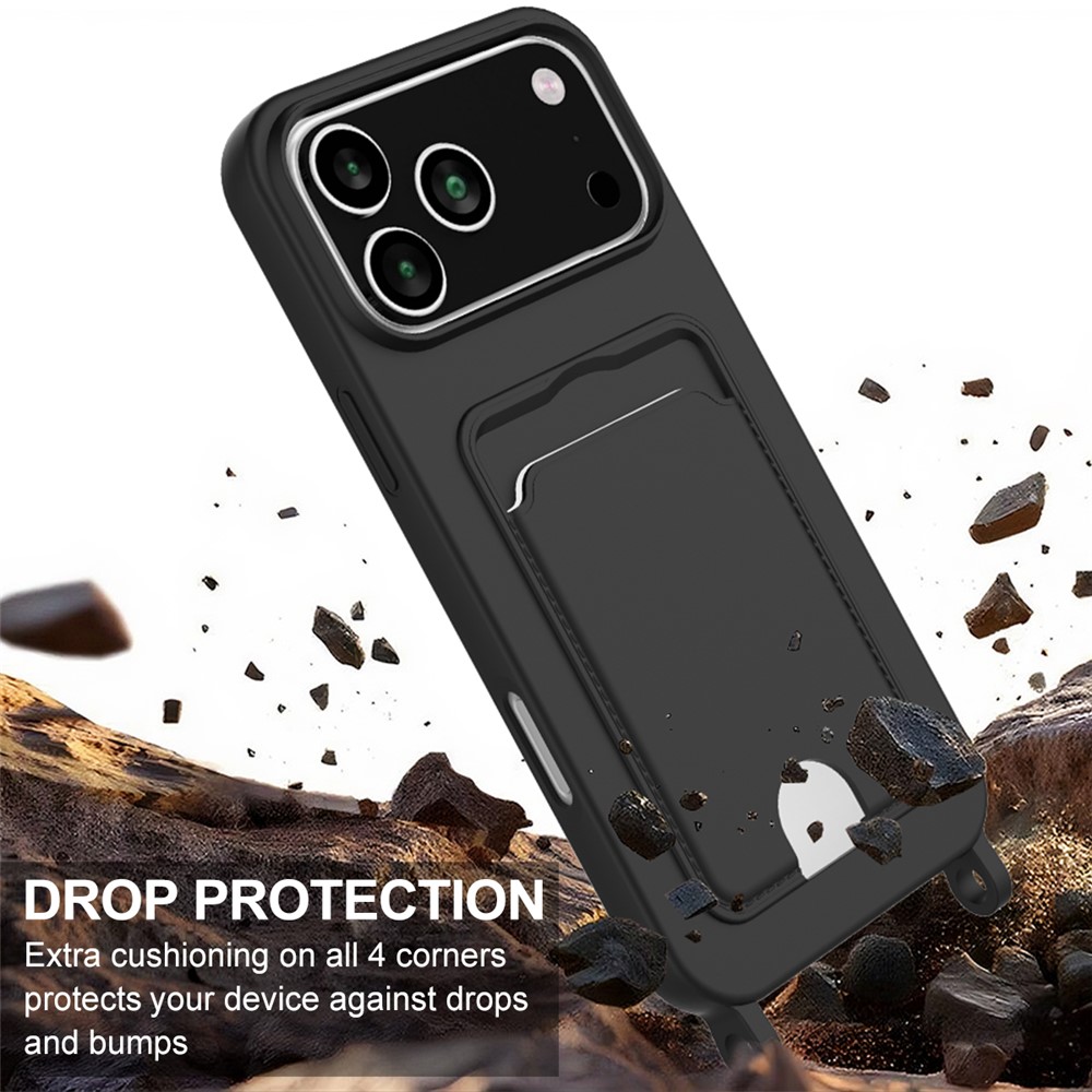  iPhone 17 Pro Skal Med Kortfack & Mobilsnöre Silikon Svart