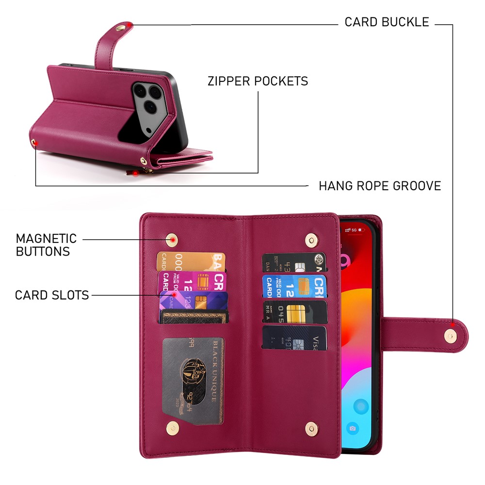  iPhone 17 Pro Max Fodral Multifunktionell Läder Röd
