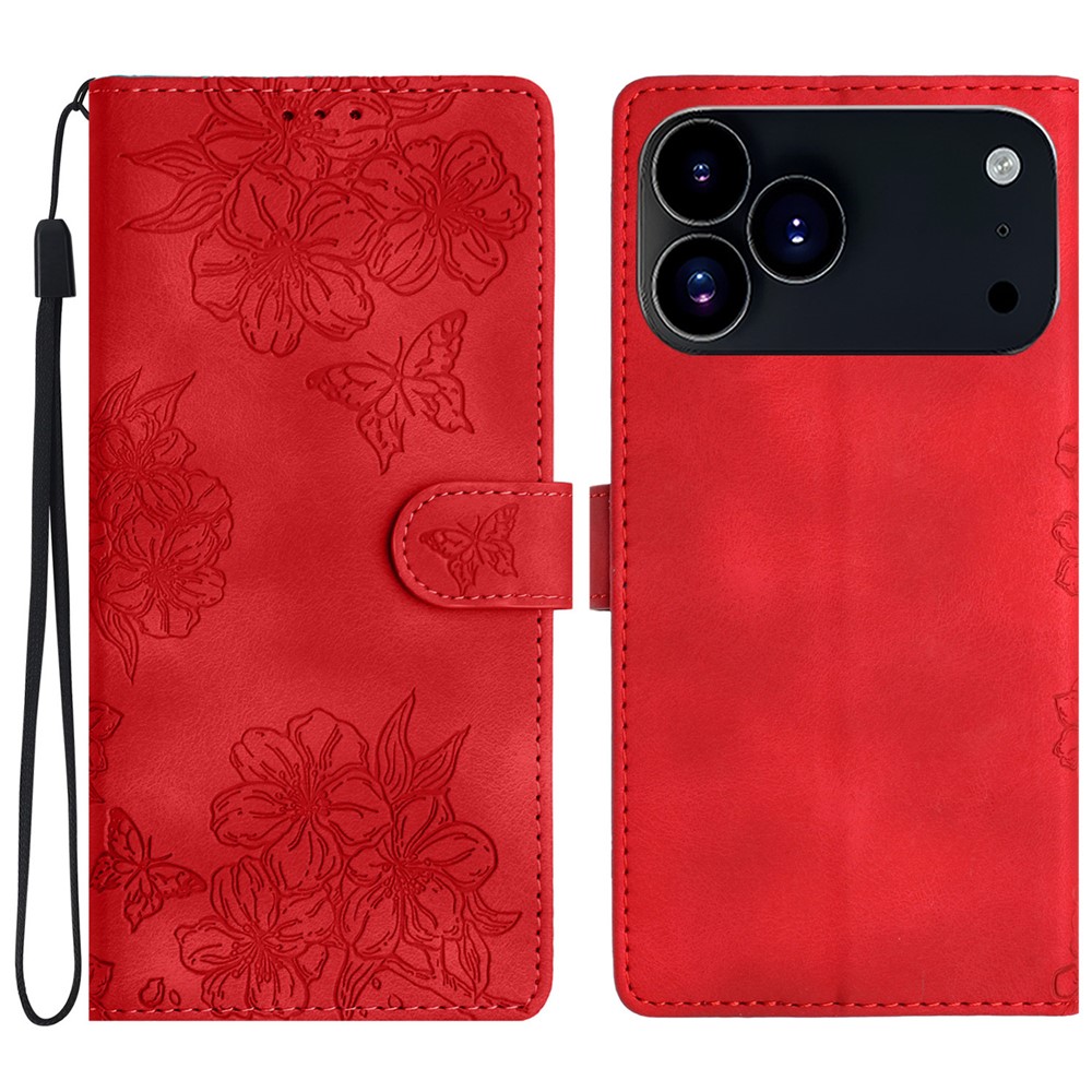  iPhone 17 Pro Max Fodral Med Blommigt Tryck Läder Röd