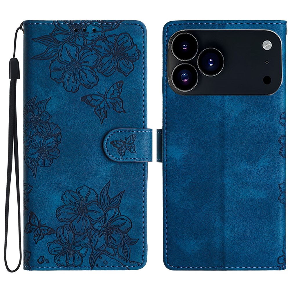  iPhone 17 Pro Max Fodral Med Blommigt Tryck Läder Blå