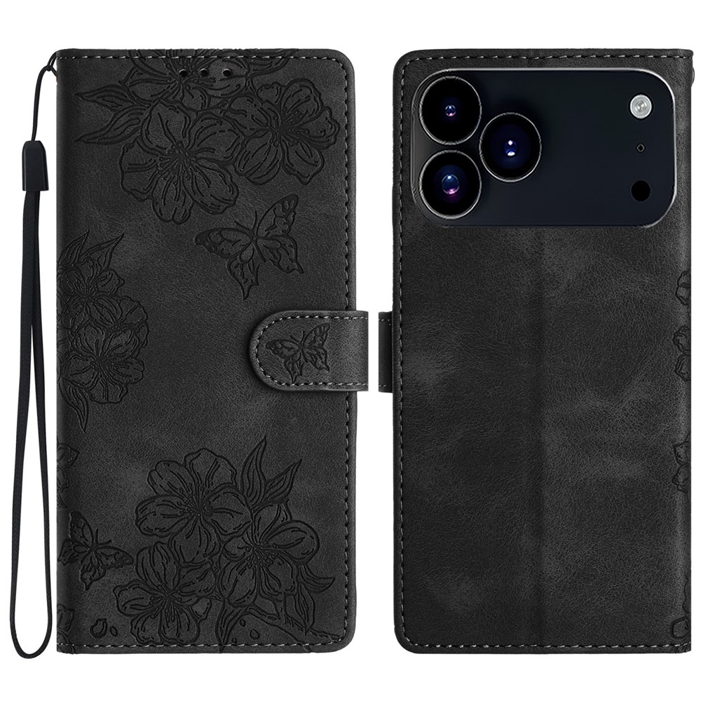  iPhone 17 Pro Max Fodral Med Blommigt Tryck Läder Svart