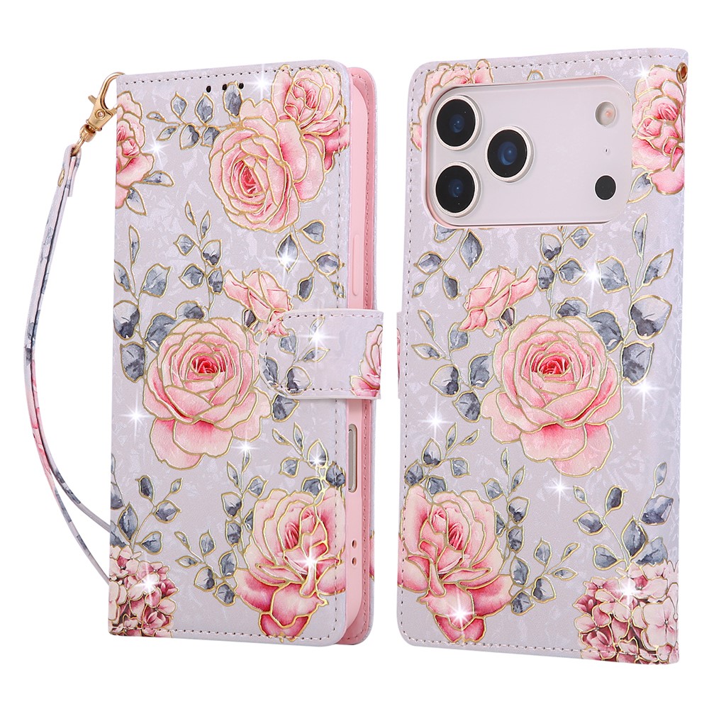  iPhone 17 Pro Max Fodral RFID Läder Rosa Blommor