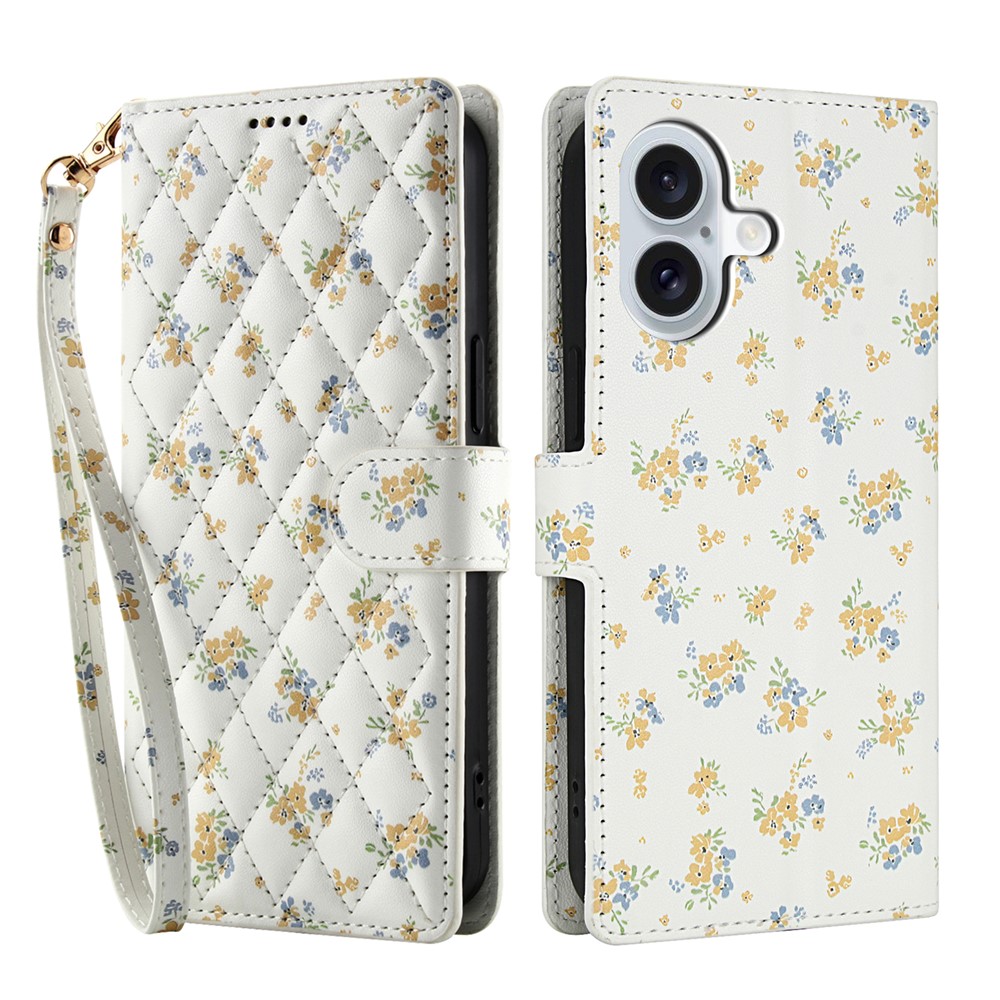  iPhone 17 Fodral Rhombus Läder Blommor Vit