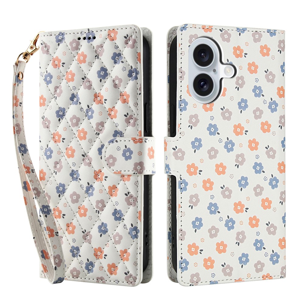  iPhone 17 Fodral Rhombus Läder Blommor Vit