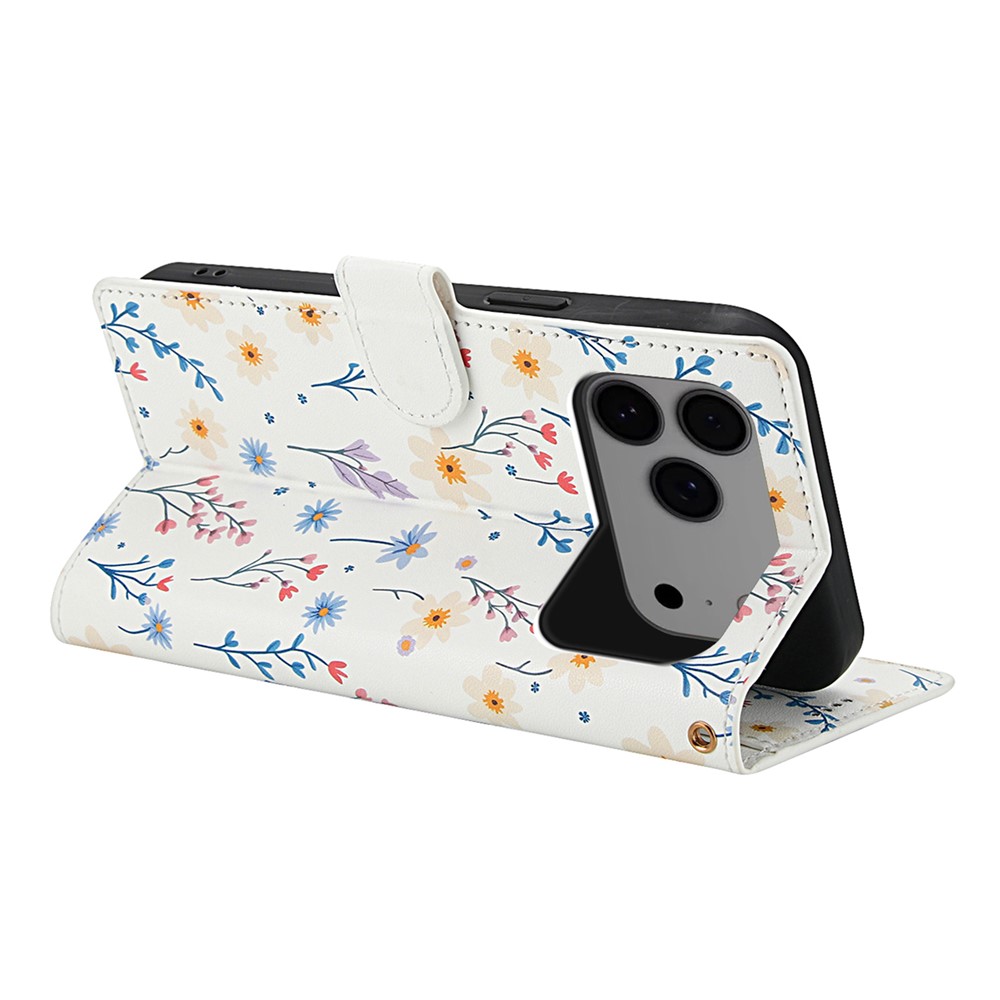  iPhone 17 Pro Fodral Rhombus Läder Blommor Vit