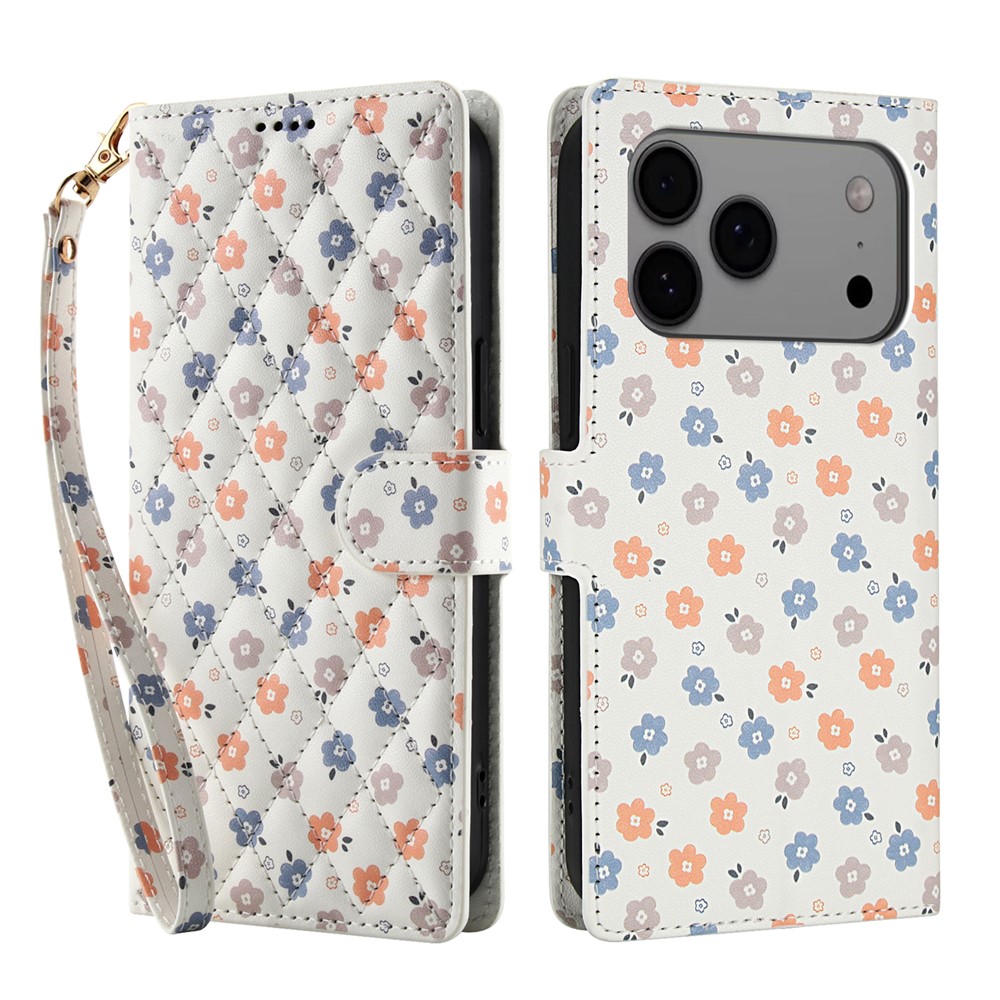  iPhone 17 Pro Fodral Rhombus Läder Blommor Vit