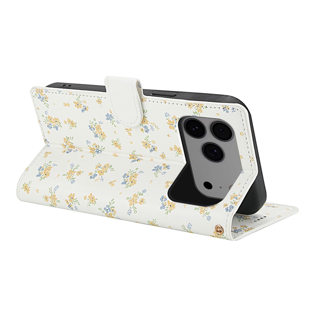  iPhone 17 Pro Fodral Rhombus Läder Blommor Vit
