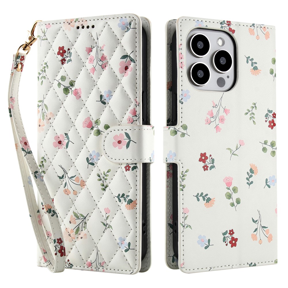  iPhone 16 Pro Max Fodral Rhombus Läder Blommor Vit