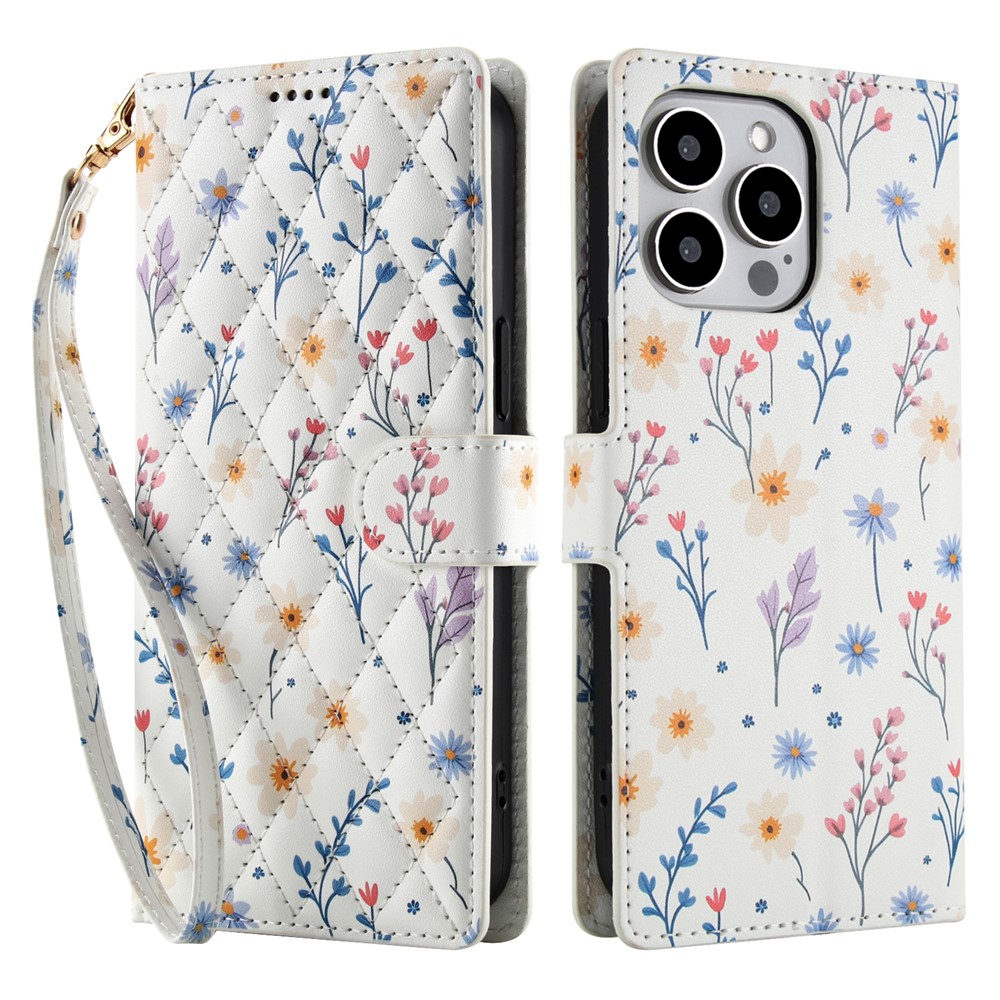  iPhone 16 Pro Max Fodral Rhombus Läder Blommor Vit