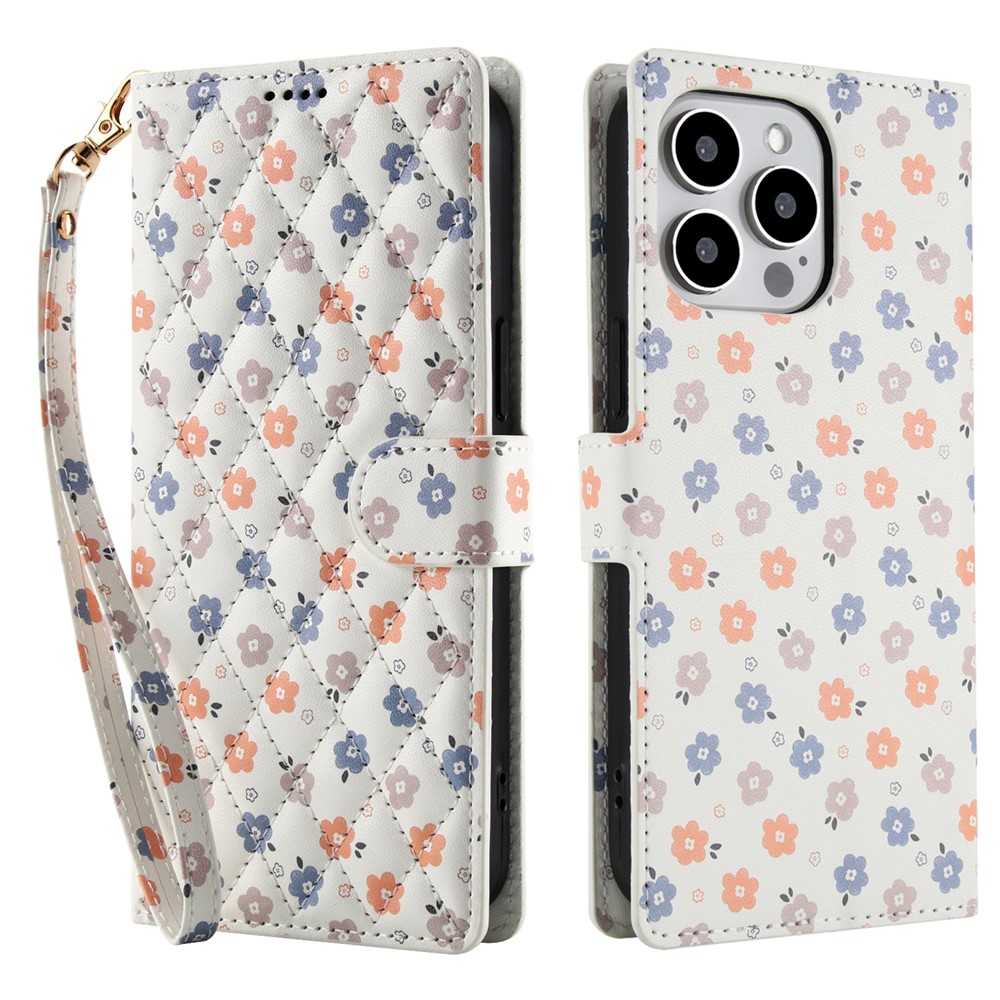 iPhone 16 Pro Max Fodral Rhombus Läder Blommor Vit