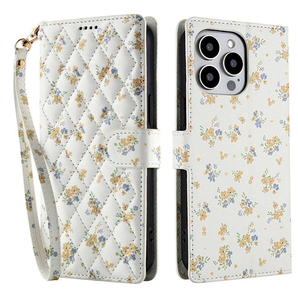  iPhone 16 Pro Max Fodral Rhombus Läder Blommor Vit