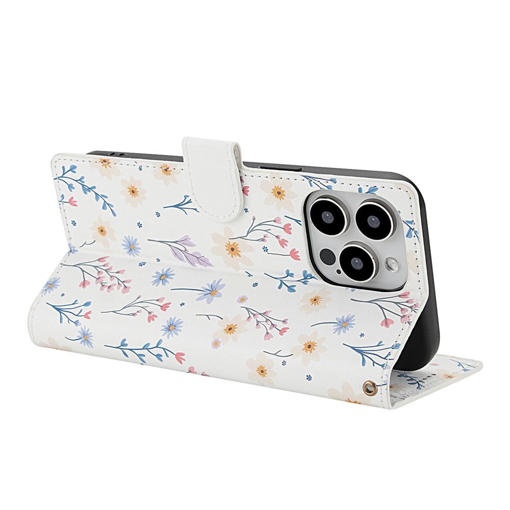  iPhone 16 Pro Fodral Rhombus Läder Blommor Vit