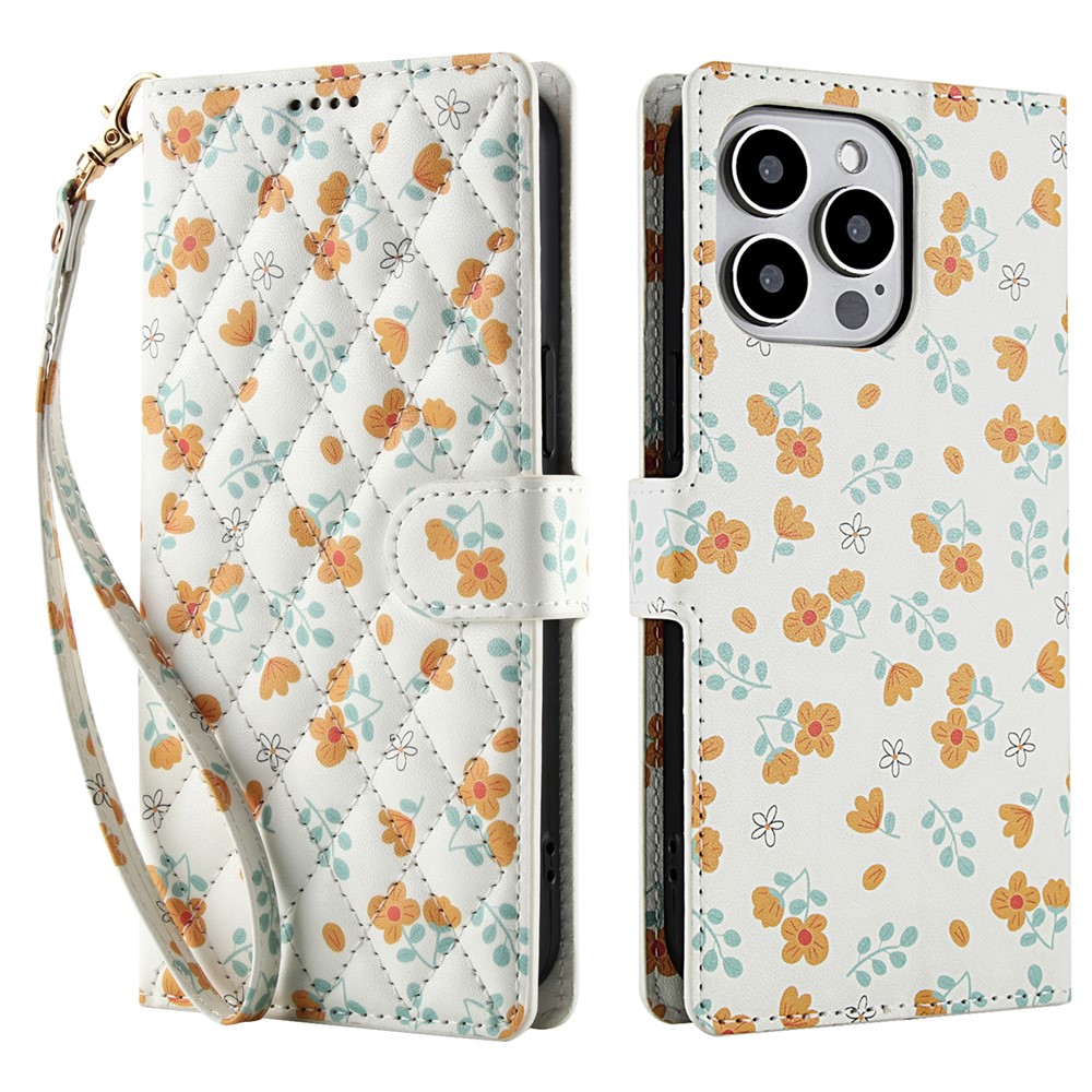  iPhone 16 Pro Fodral Rhombus Läder Blommor Vit