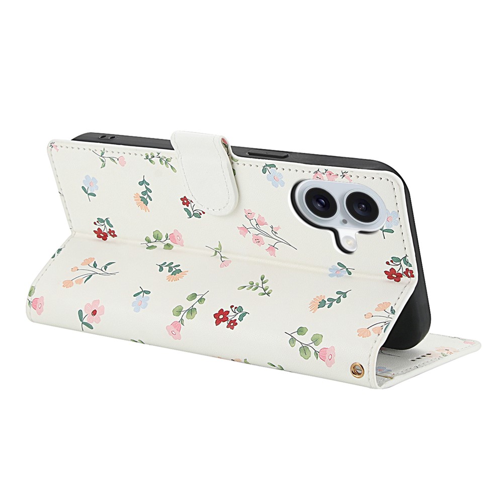  iPhone 16 Fodral Rhombus Läder Blommor Vit