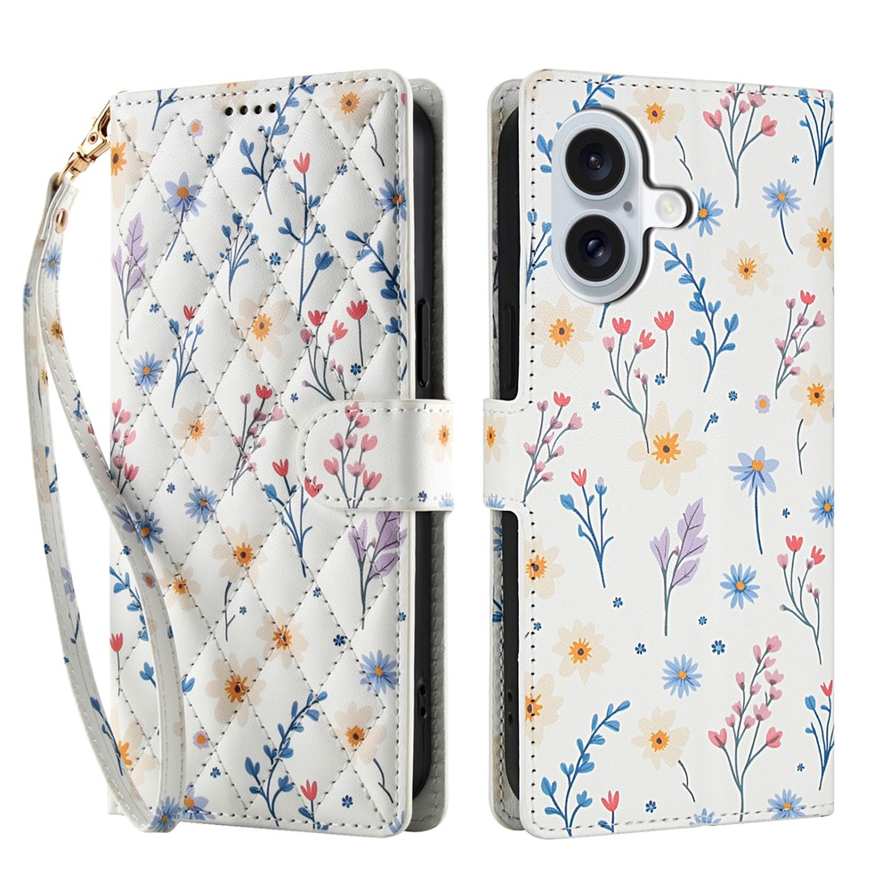  iPhone 16 Fodral Rhombus Läder Blommor Vit