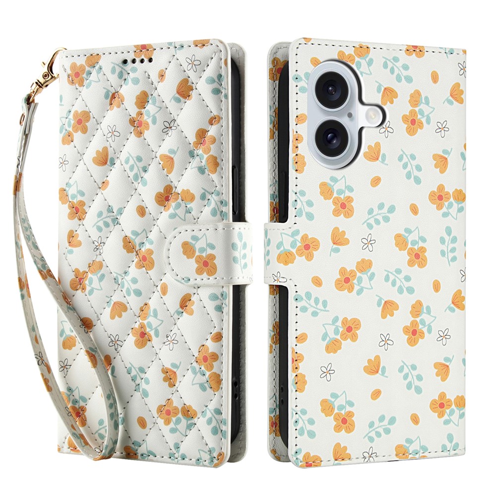  iPhone 16 Fodral Rhombus Läder Blommor Vit