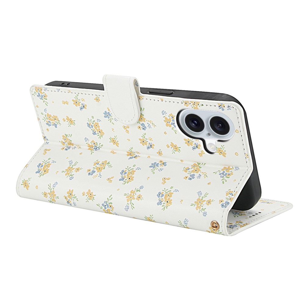  iPhone 16 Fodral Rhombus Läder Blommor Vit
