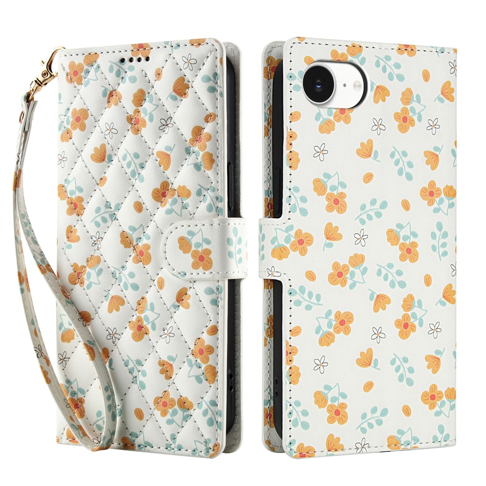  iPhone 17e / 16e Fodral Rhombus Läder Blommor Vit