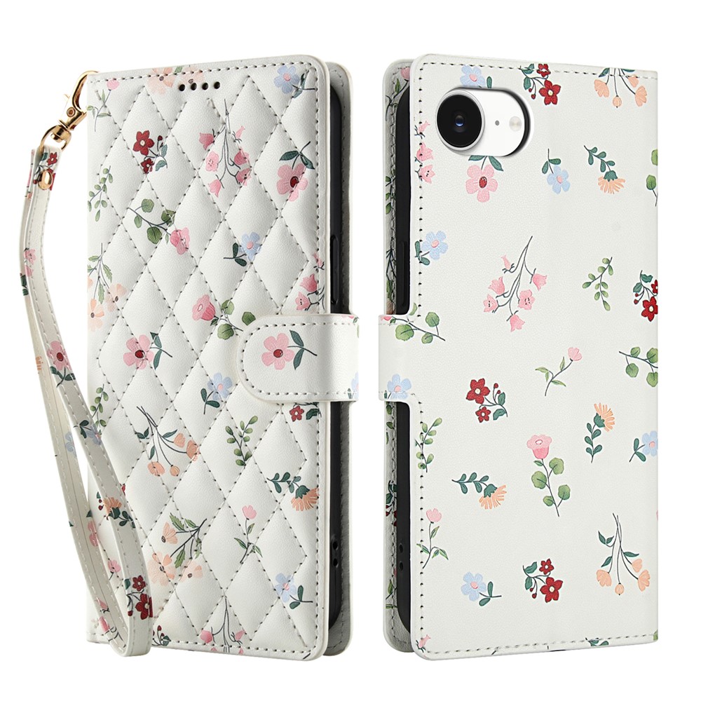  iPhone 17e / 16e Fodral Rhombus Läder Blommor Vit