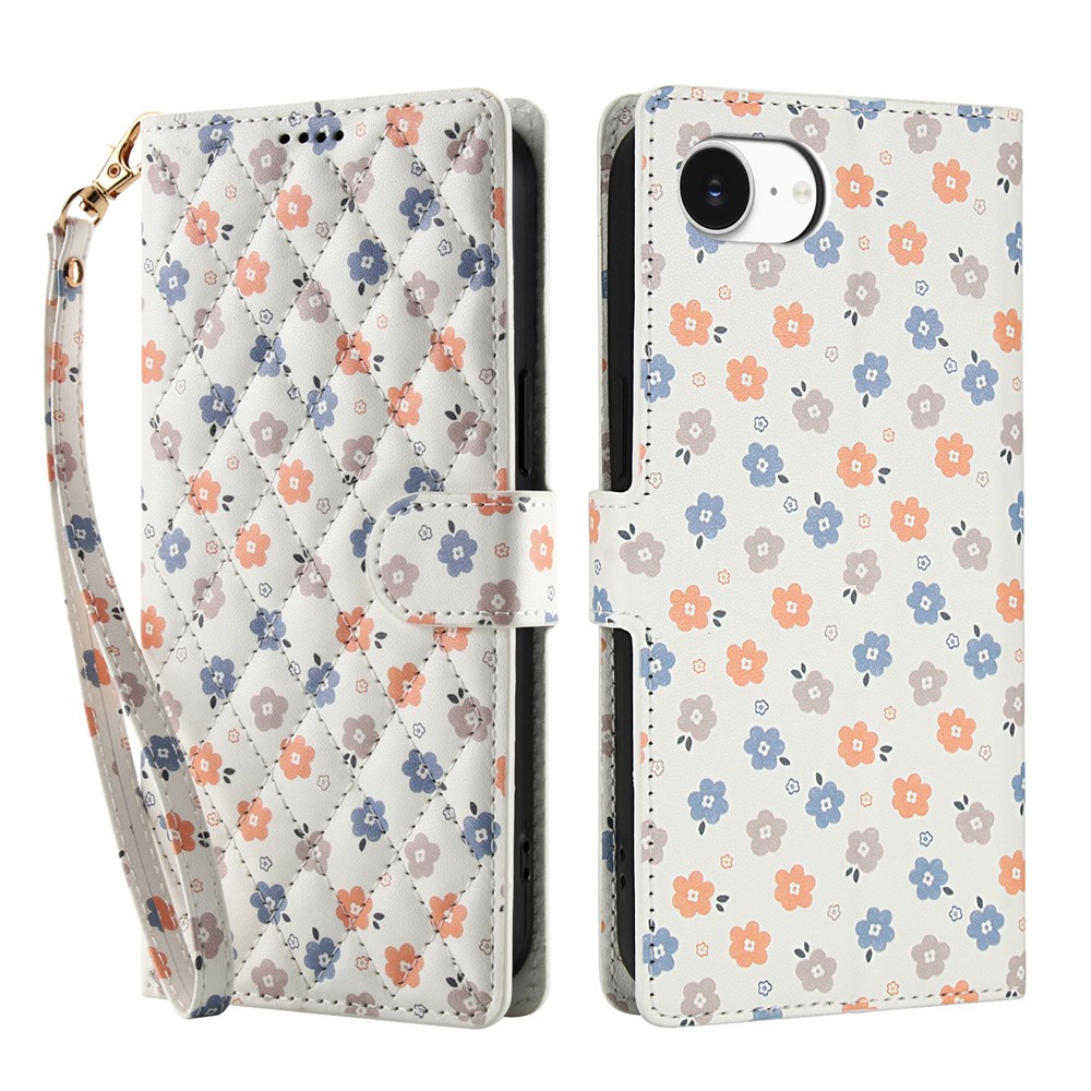  iPhone 17e / 16e Fodral Rhombus Läder Blommor Vit
