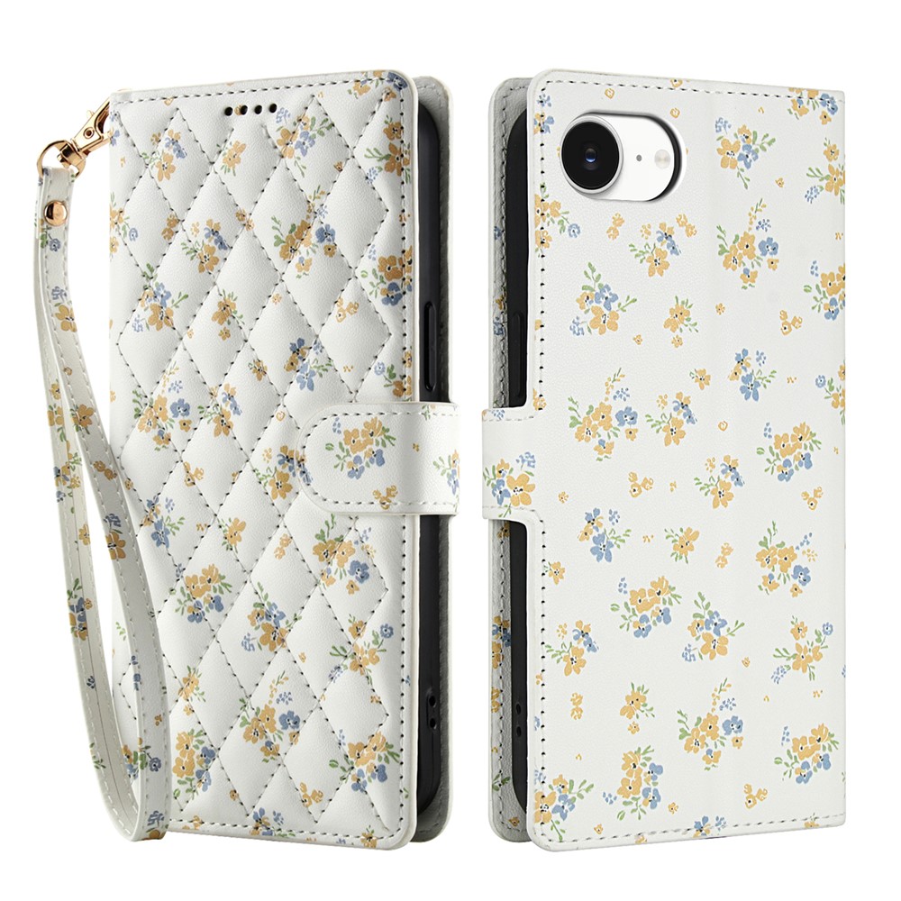  iPhone 17e / 16e Fodral Rhombus Läder Blommor Vit