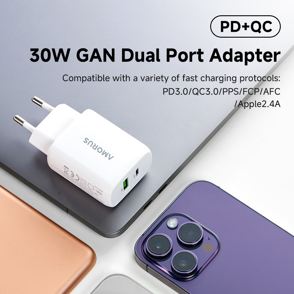 AMORUS Amorus 30W GaN PD QC USB-C / USB-A Väggladdare Vit