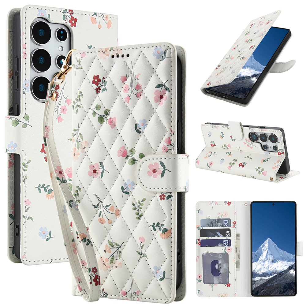  Samsung Galaxy S26 Ultra Fodral Rhombus Läder Blommor Vit