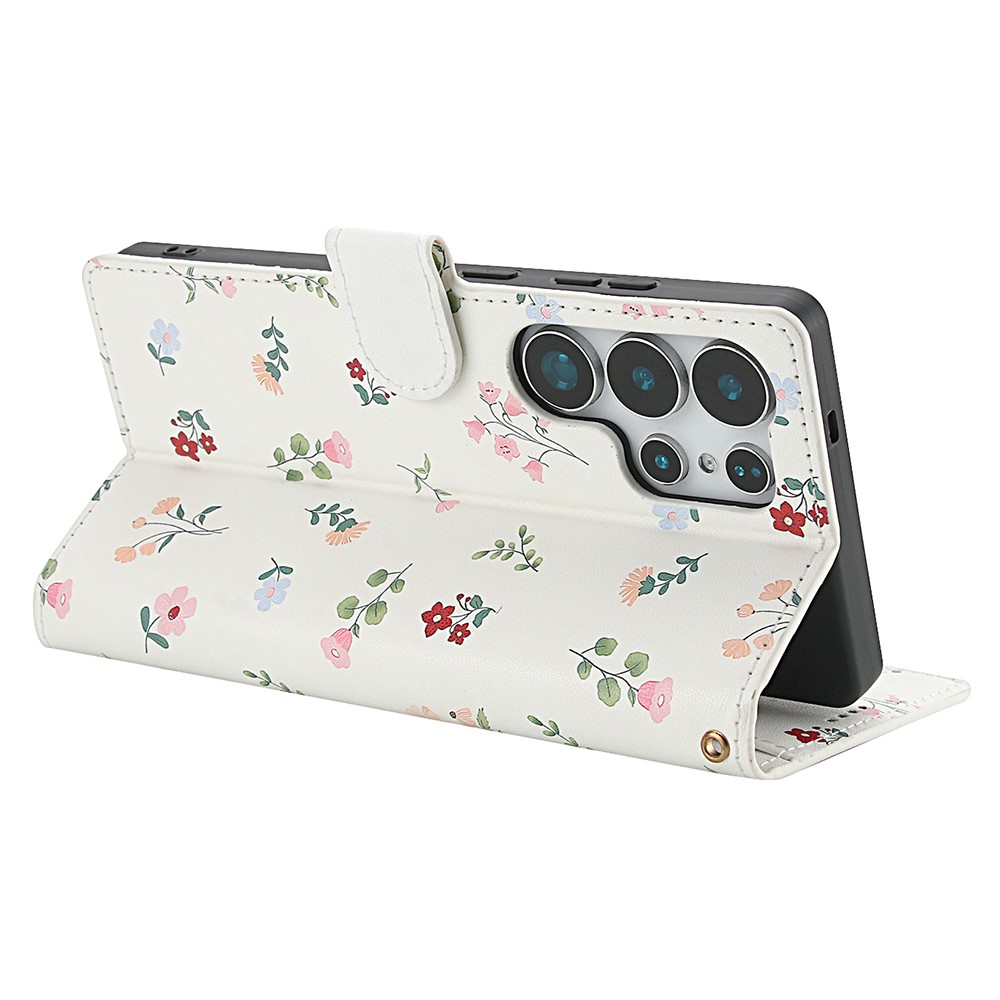  Samsung Galaxy S26 Ultra Fodral Rhombus Läder Blommor Vit