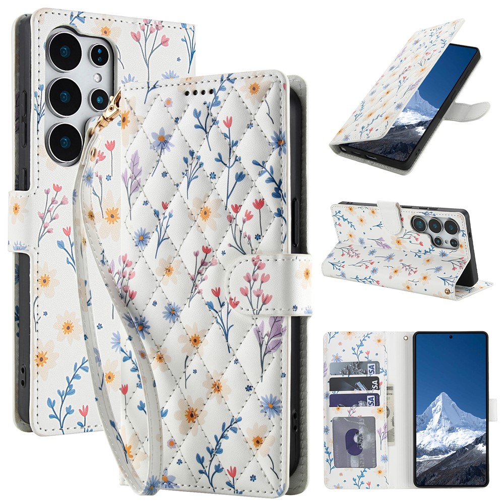  Samsung Galaxy S26 Ultra Fodral Rhombus Läder Blommor Vit