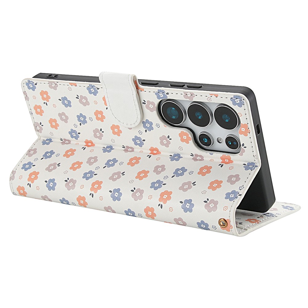  Samsung Galaxy S26 Ultra Fodral Rhombus Läder Blommor Vit