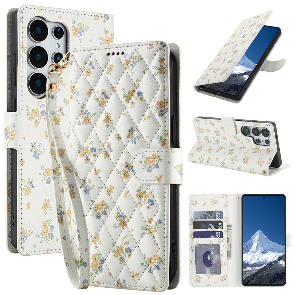  Samsung Galaxy S26 Ultra Fodral Rhombus Läder Blommor Vit