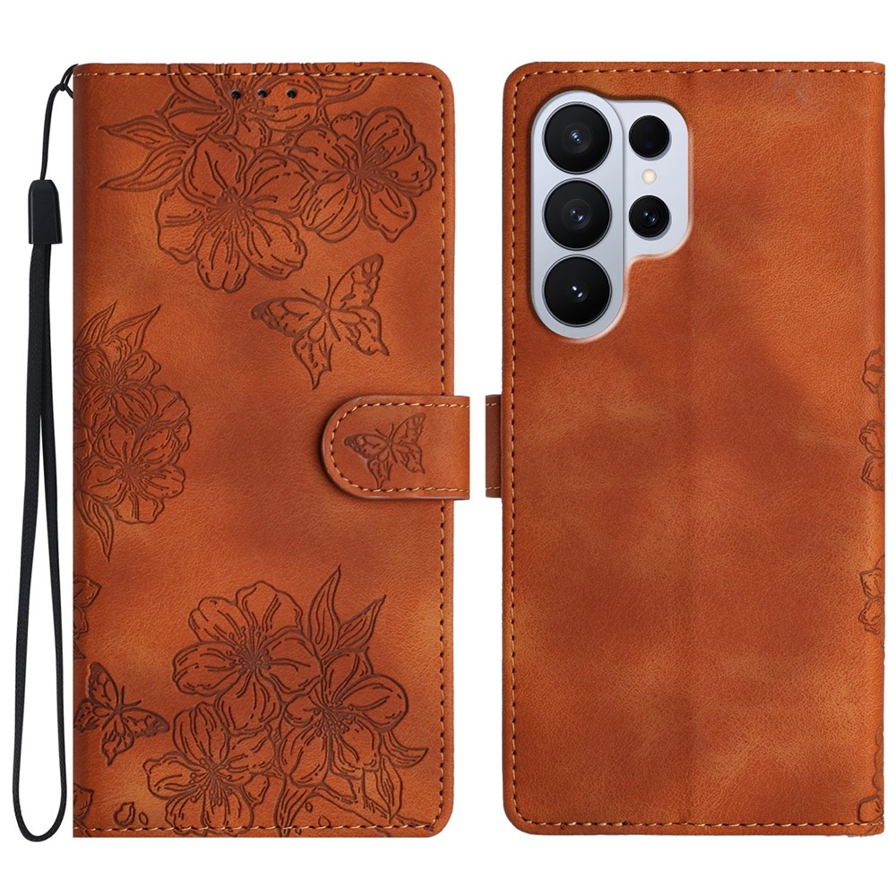  Samsung Galaxy S26 Ultra Fodral Med Blommigt Tryck Läder Brun