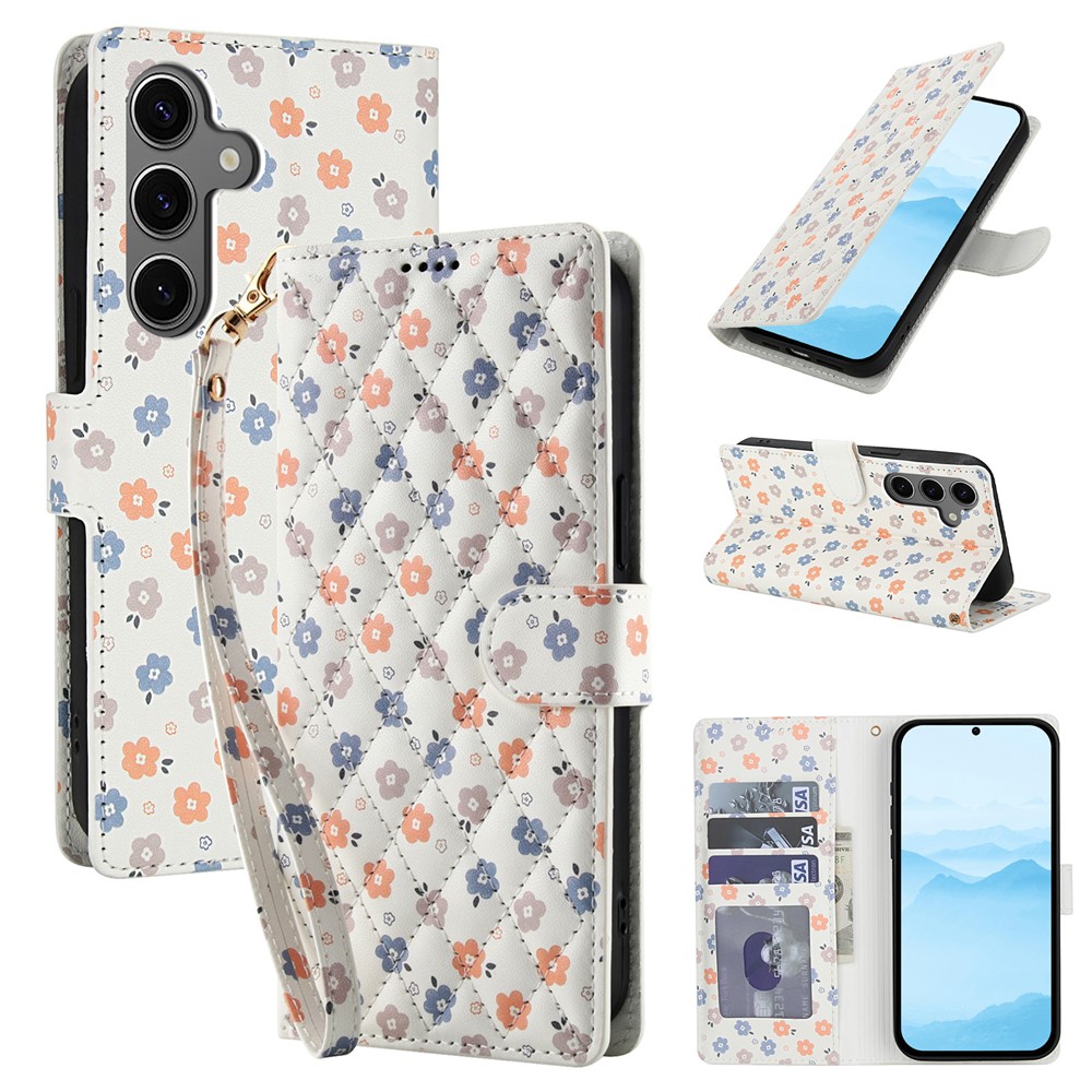  Samsung Galaxy S26 Fodral Rhombus Läder Blommor Vit