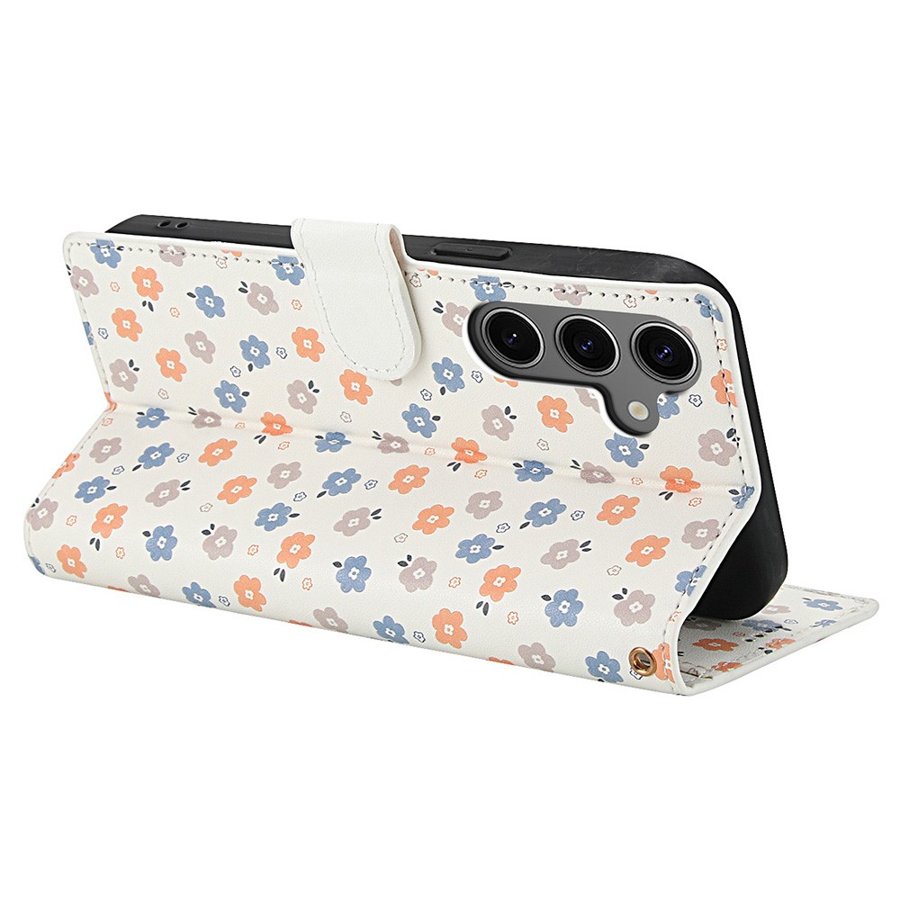  Samsung Galaxy S26 Fodral Rhombus Läder Blommor Vit