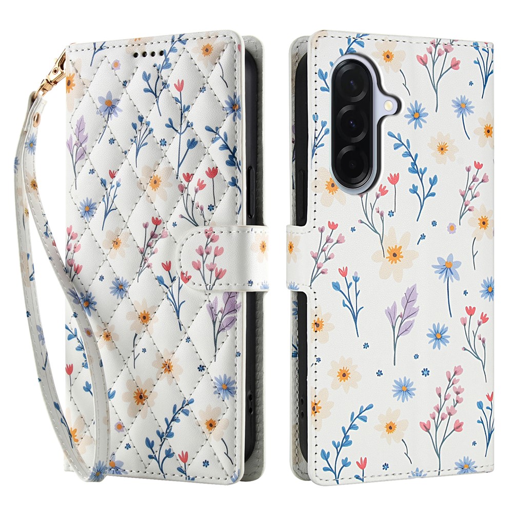  Samsung Galaxy A37/A36/A56 Fodral Rhombus Läder Blommor Vit