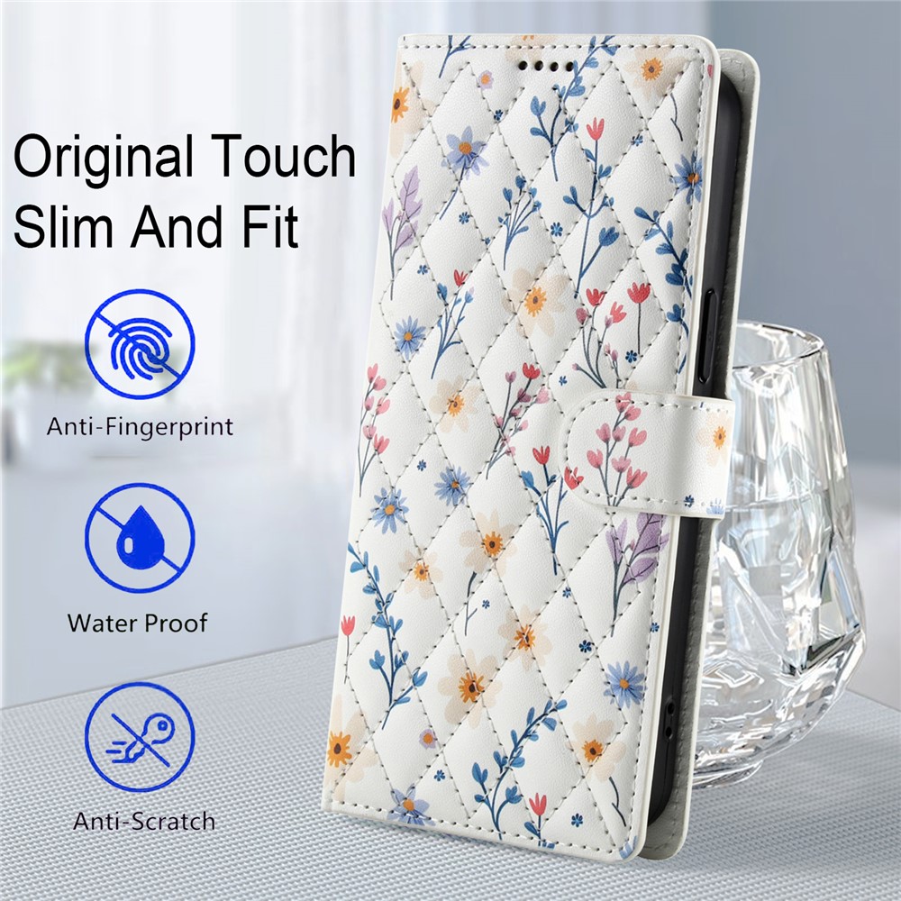  Samsung Galaxy A37/A36/A56 Fodral Rhombus Läder Blommor Vit