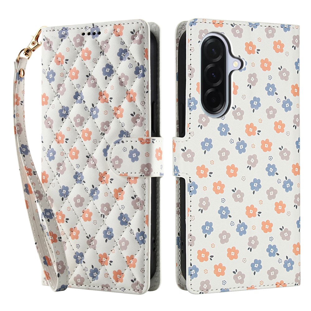  Samsung Galaxy A37/A36/A56 Fodral Rhombus Läder Blommor Vit