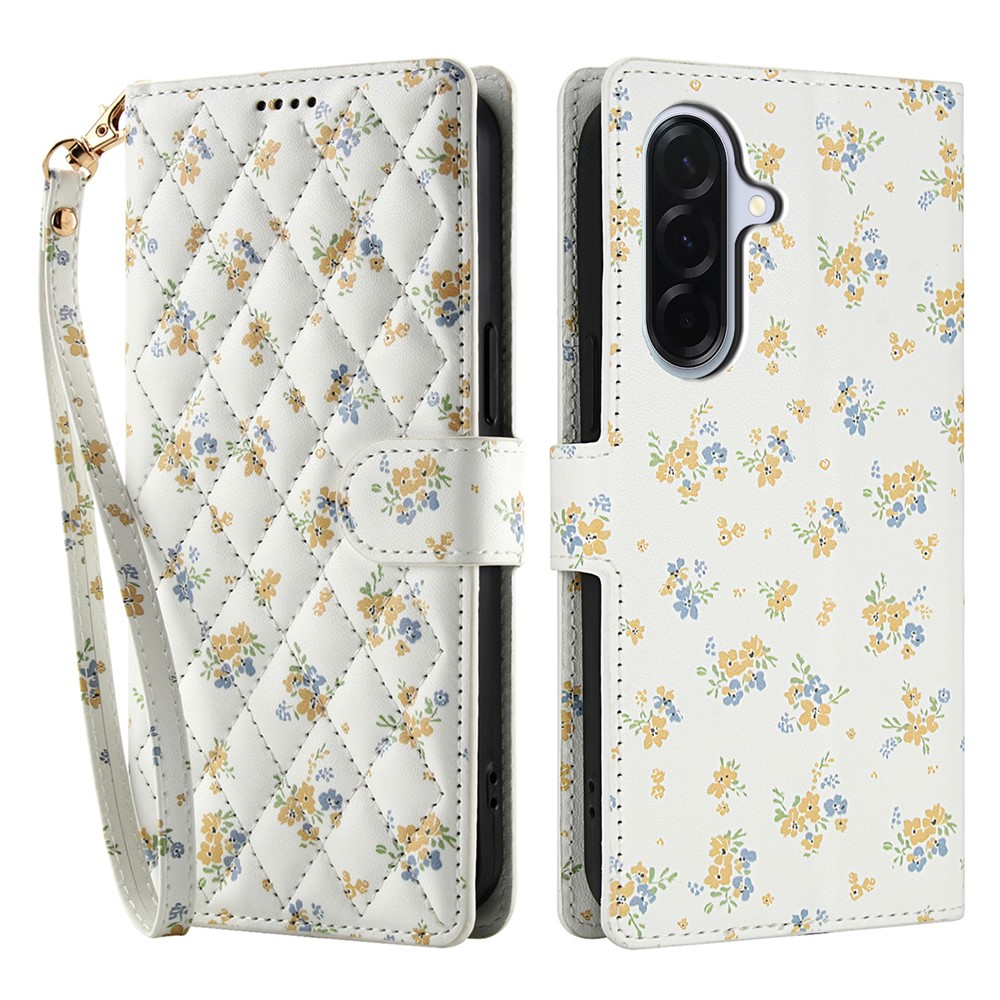  Samsung Galaxy A37/A36/A56 Fodral Rhombus Läder Blommor Vit