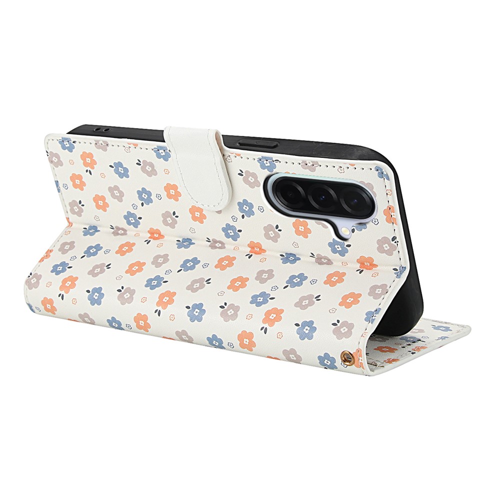  Samsung Galaxy A57 5G Fodral Rhombus Läder Blommor Vit