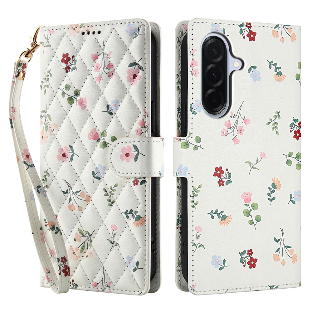  Samsung Galaxy A57 5G Fodral Rhombus Läder Blommor Vit