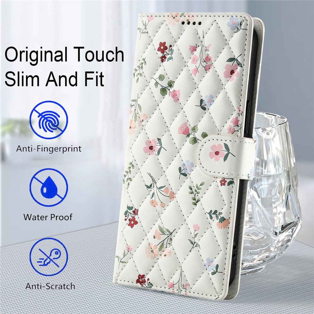  Samsung Galaxy A57 5G Fodral Rhombus Läder Blommor Vit