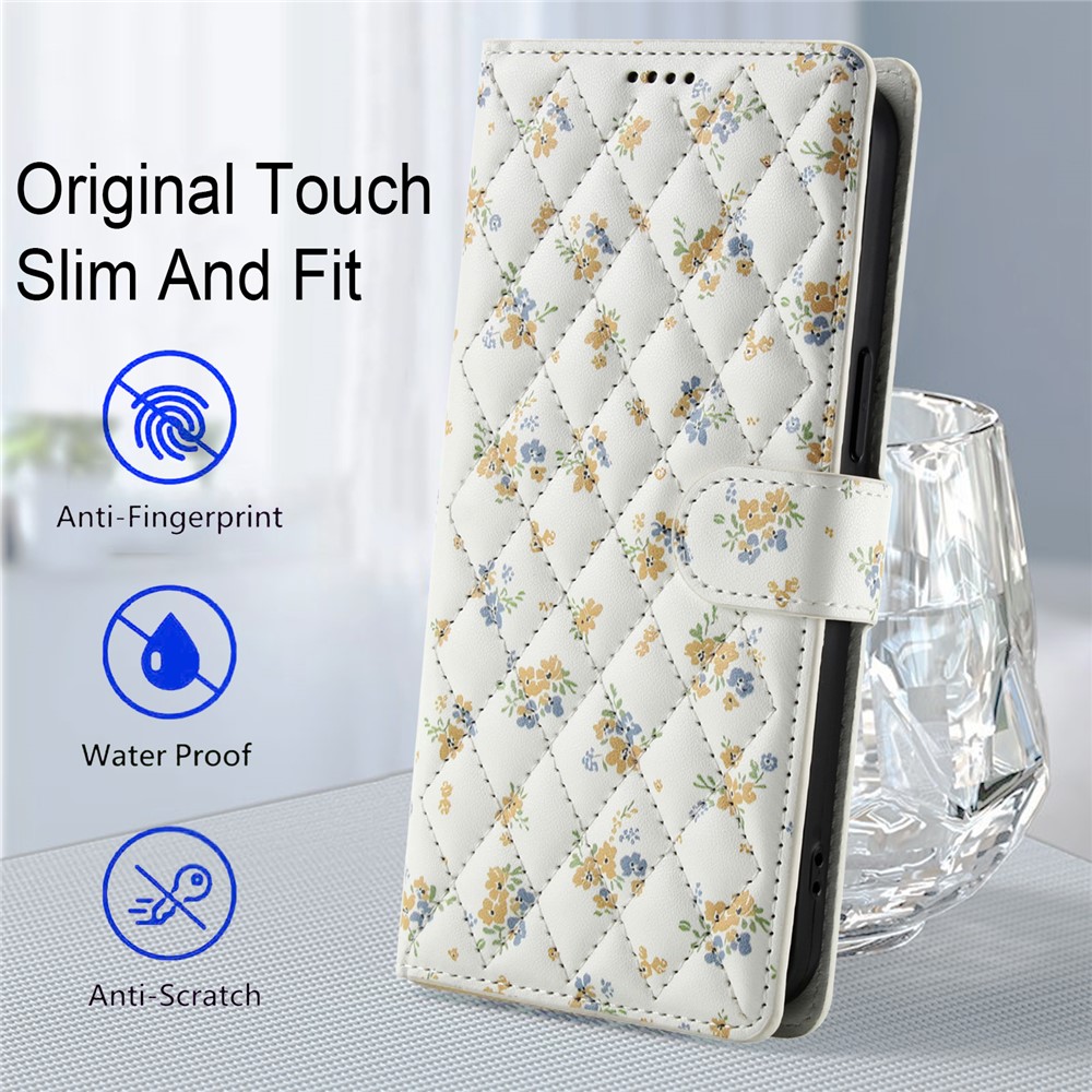  Samsung Galaxy A57 5G Fodral Rhombus Läder Blommor Vit